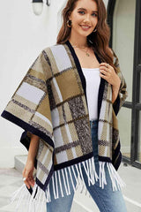 Cloak Sleeve Plaid Open Front Fringe Poncho - MXSTUDIO.COM