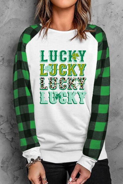 a woman wearing a green and white shirt that says lucky lucky lucky lucky