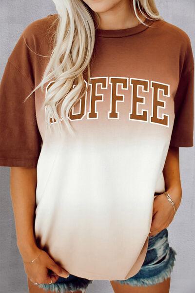 a woman with blonde hair wearing a coffee t - shirt