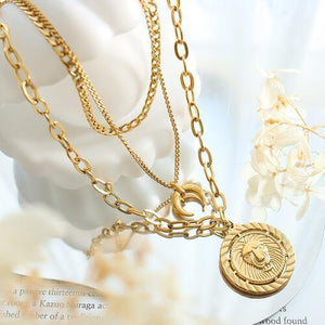 Coin Pendant Triple Layered Gold Chain Necklace-MXSTUDIO.COM