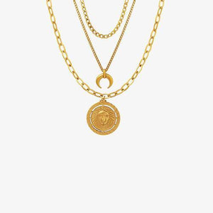 Coin Pendant Triple Layered Gold Chain Necklace-MXSTUDIO.COM