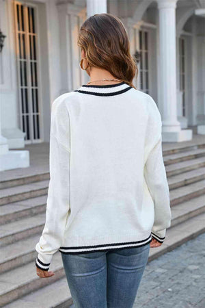 Cold Day Cheer V-Neck Button Front Cardigan - MXSTUDIO.COM