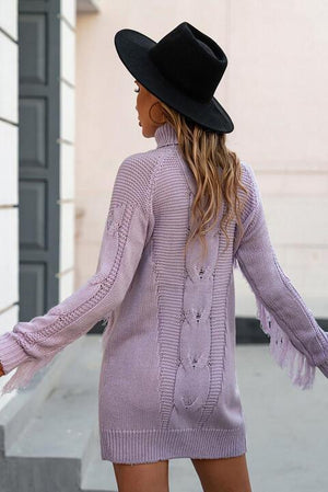 Cold Day Chic Fringe Turtleneck Sweater Dress - MXSTUDIO.COM