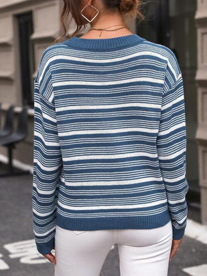 Cold Day Stroll Striped Crew Neck Sweater-MXSTUDIO.COM