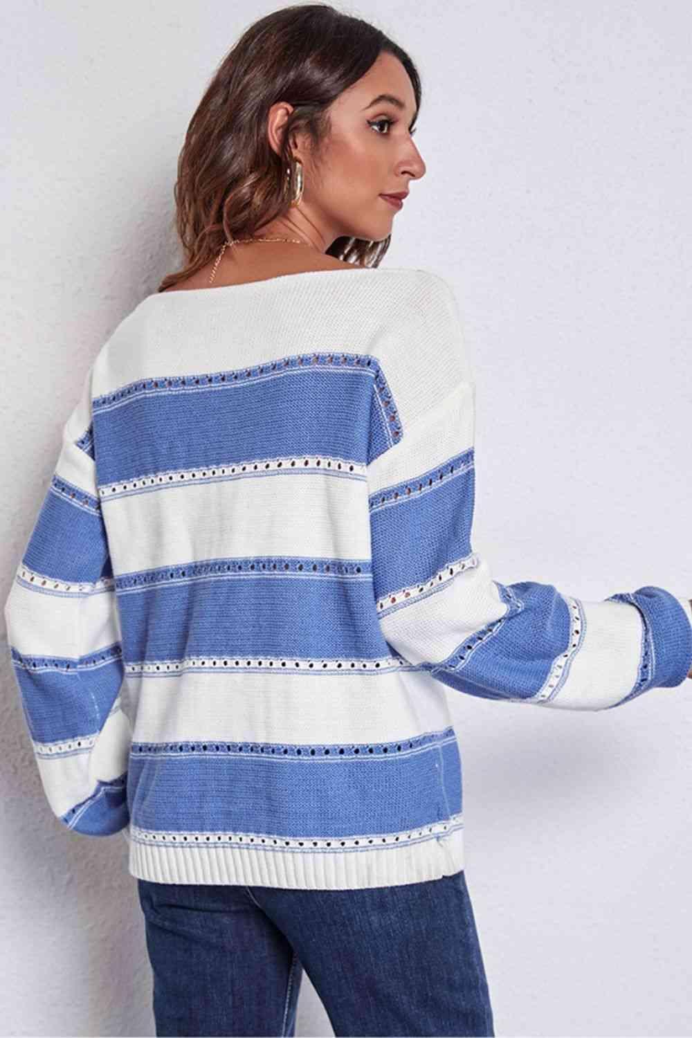 Cold Free Striped Boat Neck Sweater - MXSTUDIO.COM