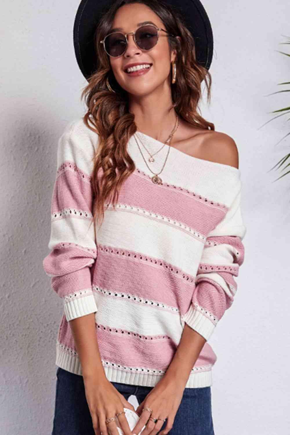 Cold Free Striped Boat Neck Sweater - MXSTUDIO.COM