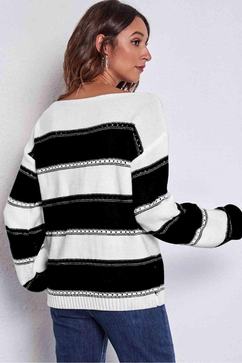 Cold Free Striped Boat Neck Sweater - MXSTUDIO.COM