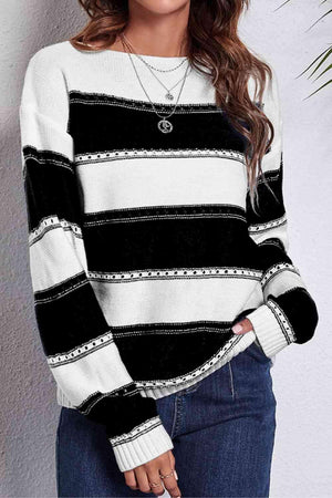 Cold Free Striped Boat Neck Sweater - MXSTUDIO.COM