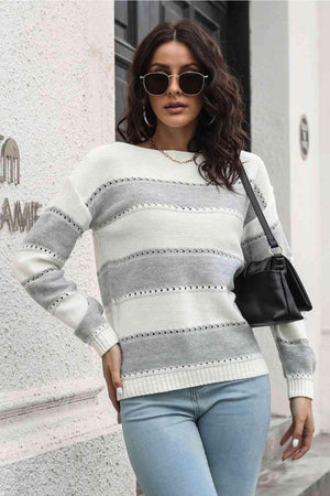 Cold Free Striped Boat Neck Sweater - MXSTUDIO.COM