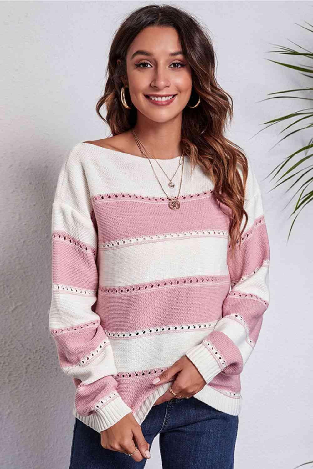 Cold Free Striped Boat Neck Sweater - MXSTUDIO.COM