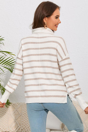 Cold Protection Striped Cowl Neck Long Sleeve Top - MXSTUDIO.COM