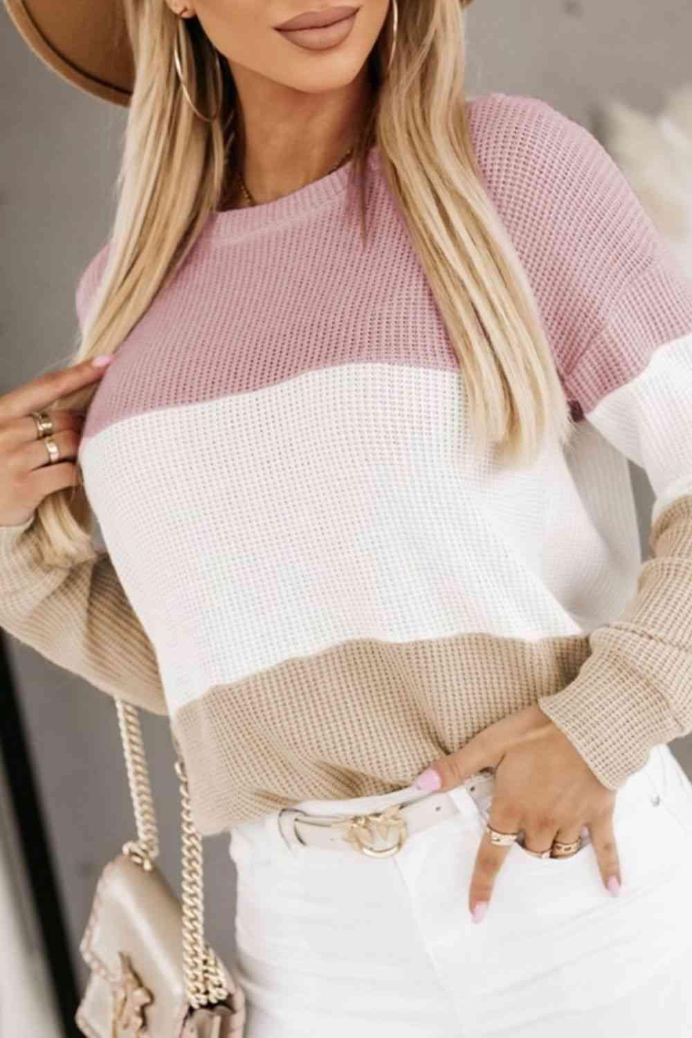 Cold Season Bliss Color Block Crew Neck Knit Sweater-MXSTUDIO.COM