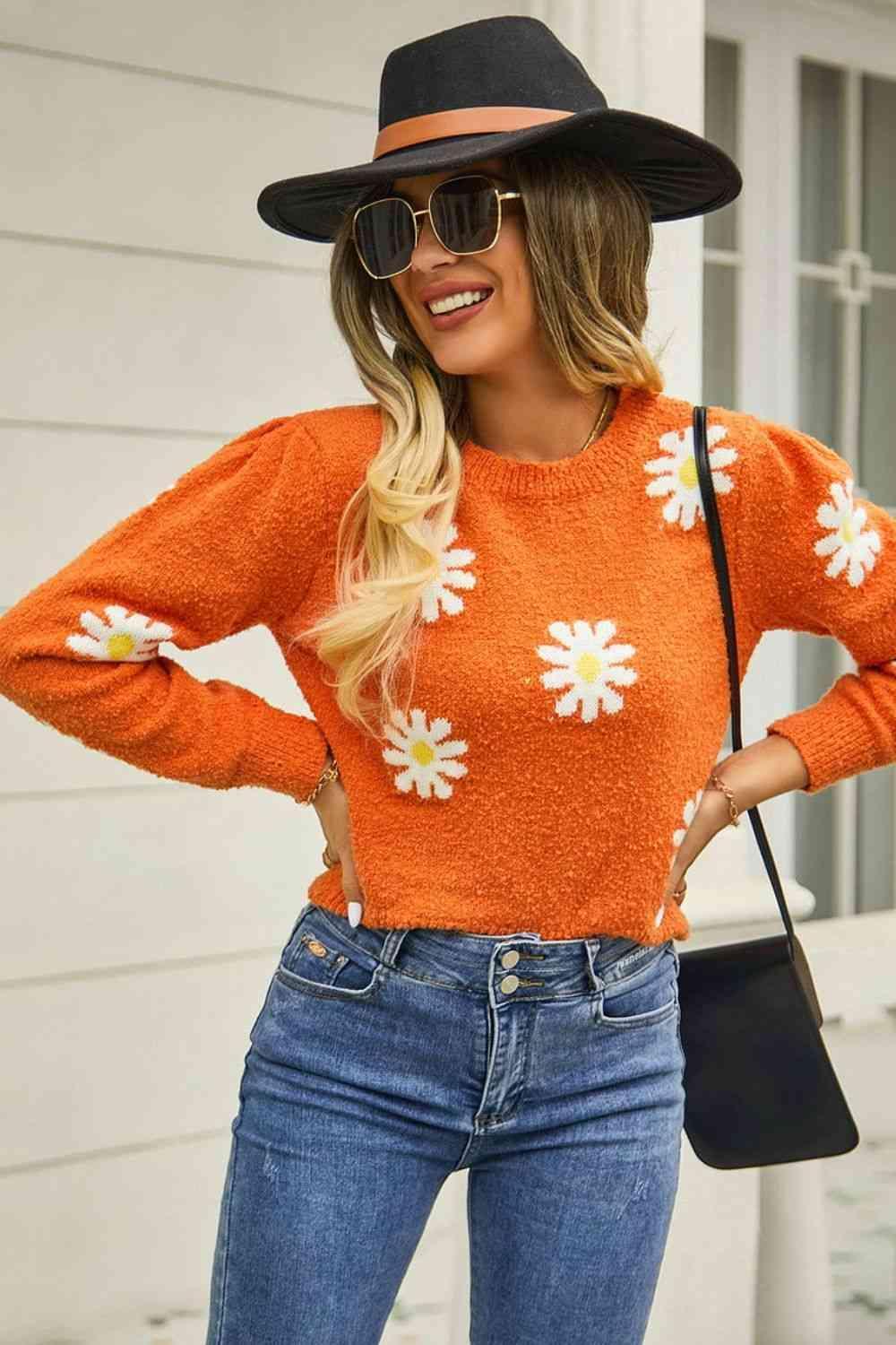 Cold Season Spirit Crew Neck Flower Sweater - MXSTUDIO.COM
