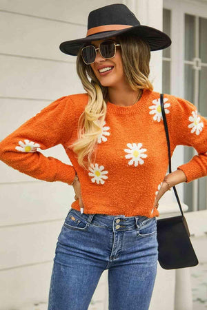 Cold Season Spirit Crew Neck Flower Sweater - MXSTUDIO.COM