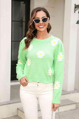 Cold Season Spirit Crew Neck Flower Sweater - MXSTUDIO.COM
