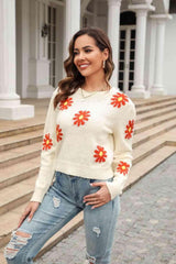 Cold Season Spirit Crew Neck Flower Sweater - MXSTUDIO.COM