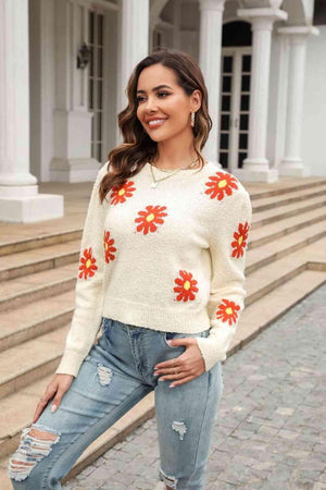 Cold Season Spirit Crew Neck Flower Sweater - MXSTUDIO.COM