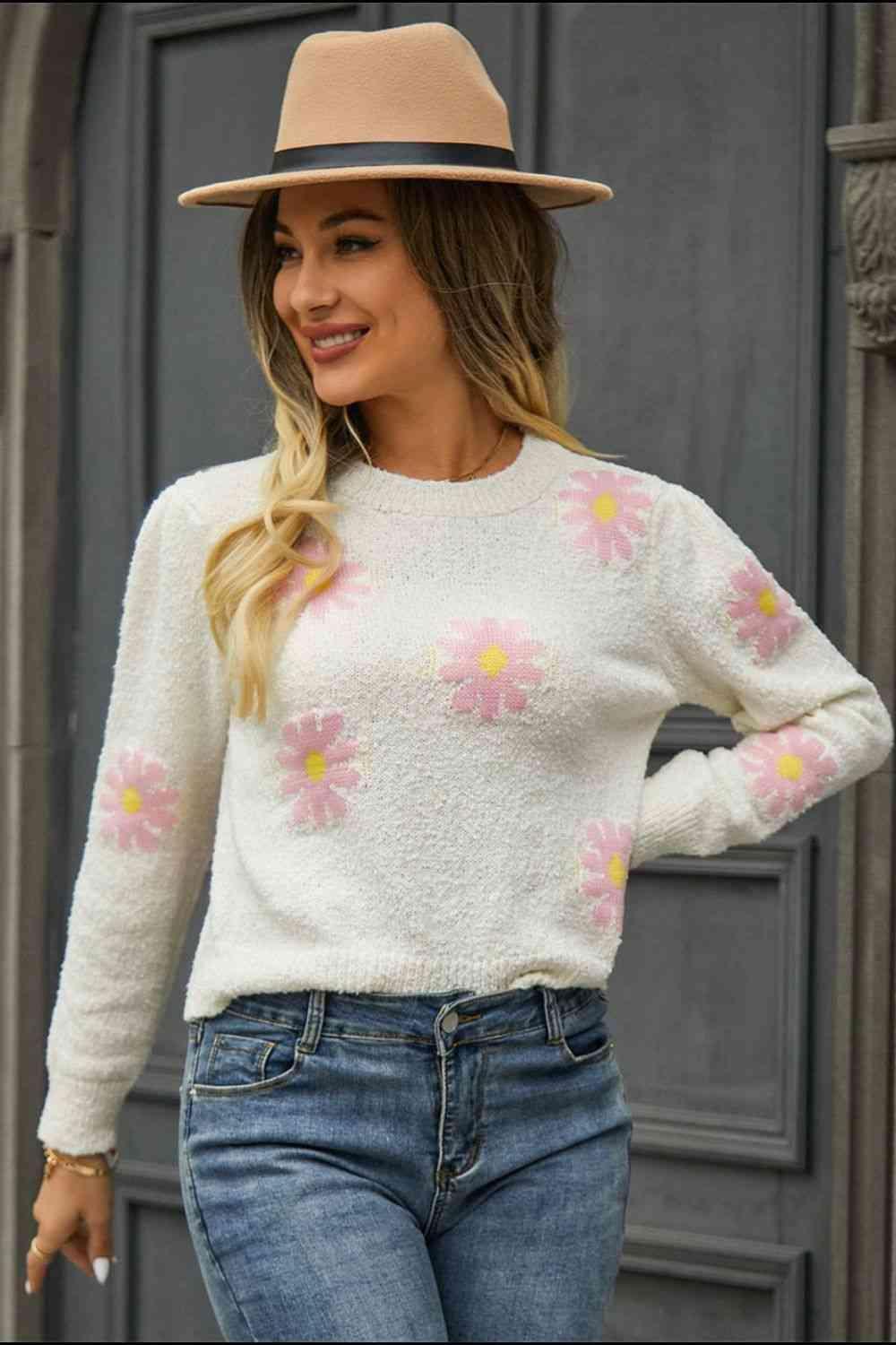 Cold Season Spirit Crew Neck Flower Sweater - MXSTUDIO.COM