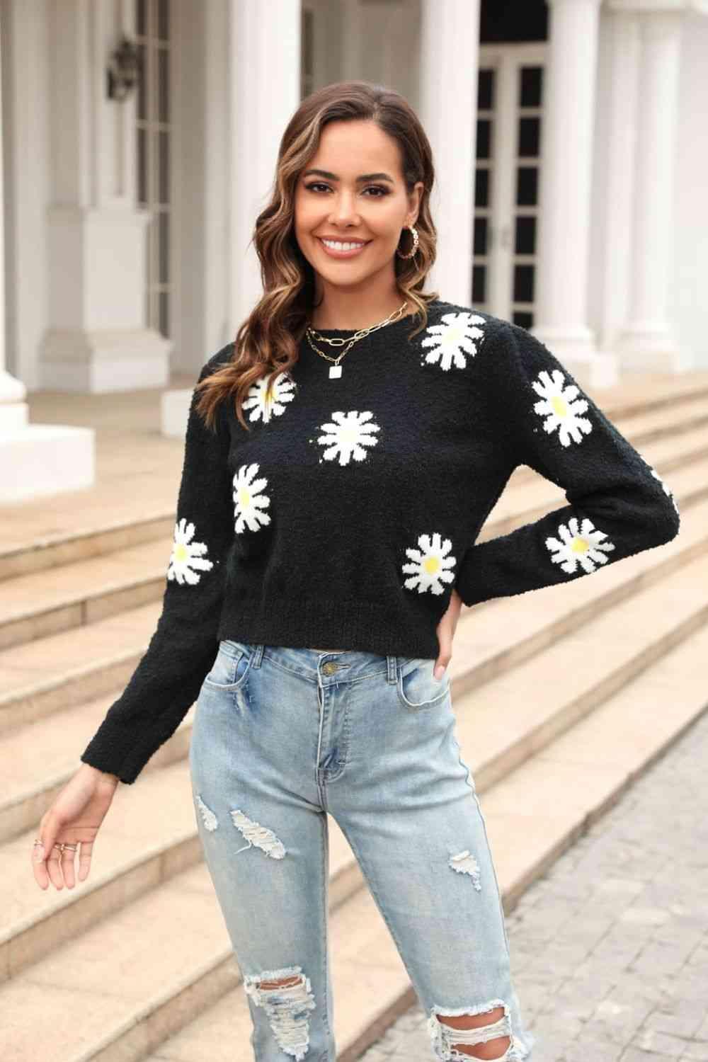 Cold Season Spirit Crew Neck Flower Sweater - MXSTUDIO.COM
