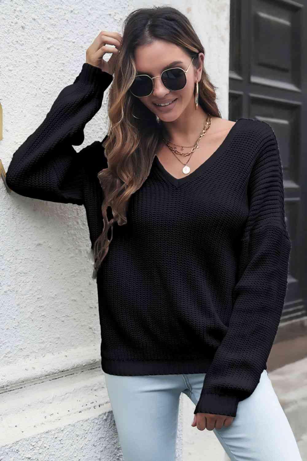 Cold Season Style V Neck Knitted Sweater-MXSTUDIO.COM