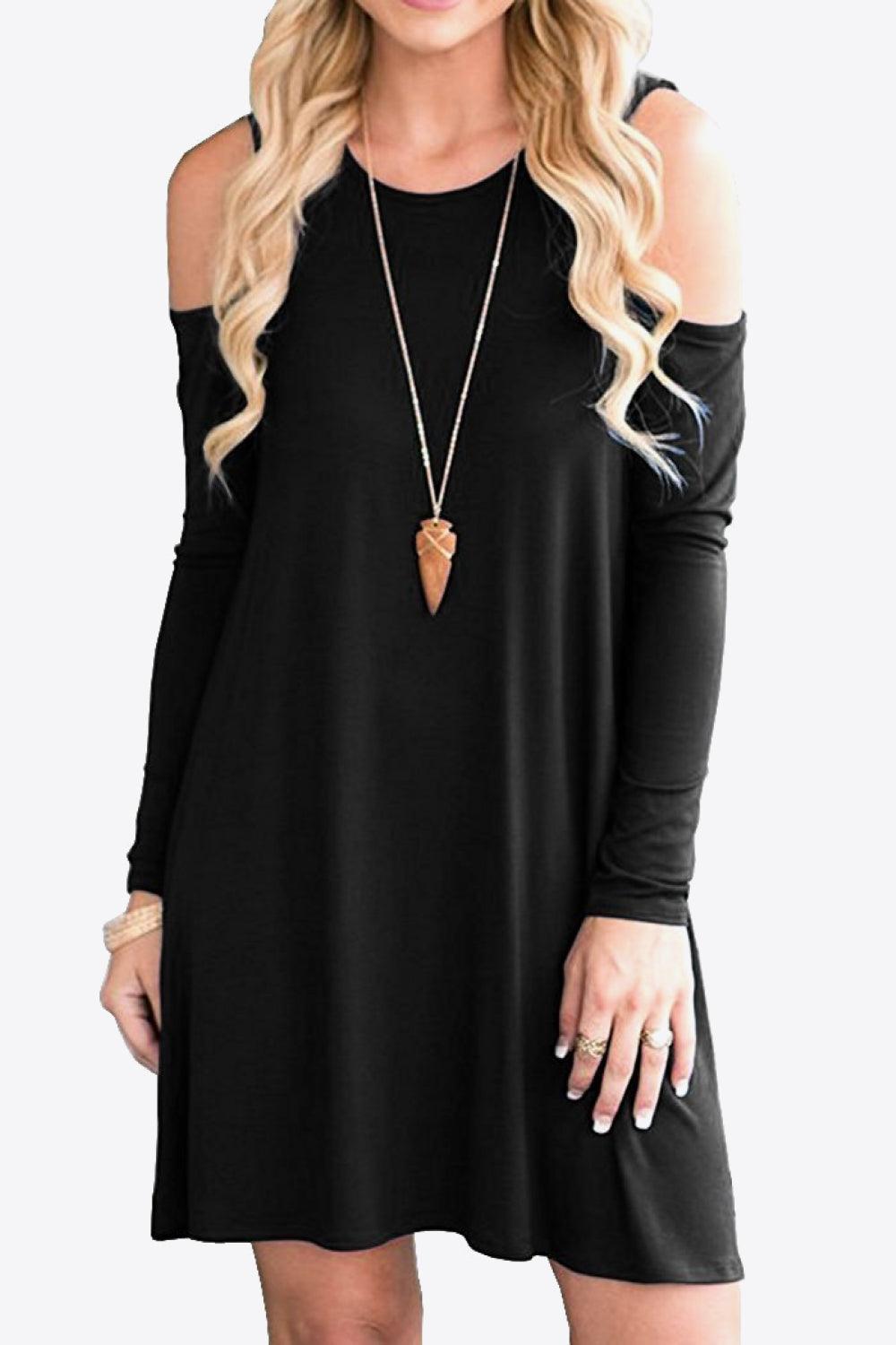 Cold-Shoulder Long Sleeve Round Neck Dress - MXSTUDIO.COM