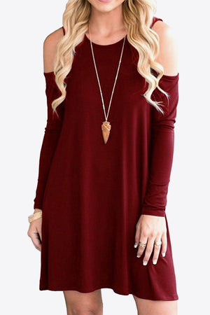 Cold-Shoulder Long Sleeve Round Neck Dress - MXSTUDIO.COM