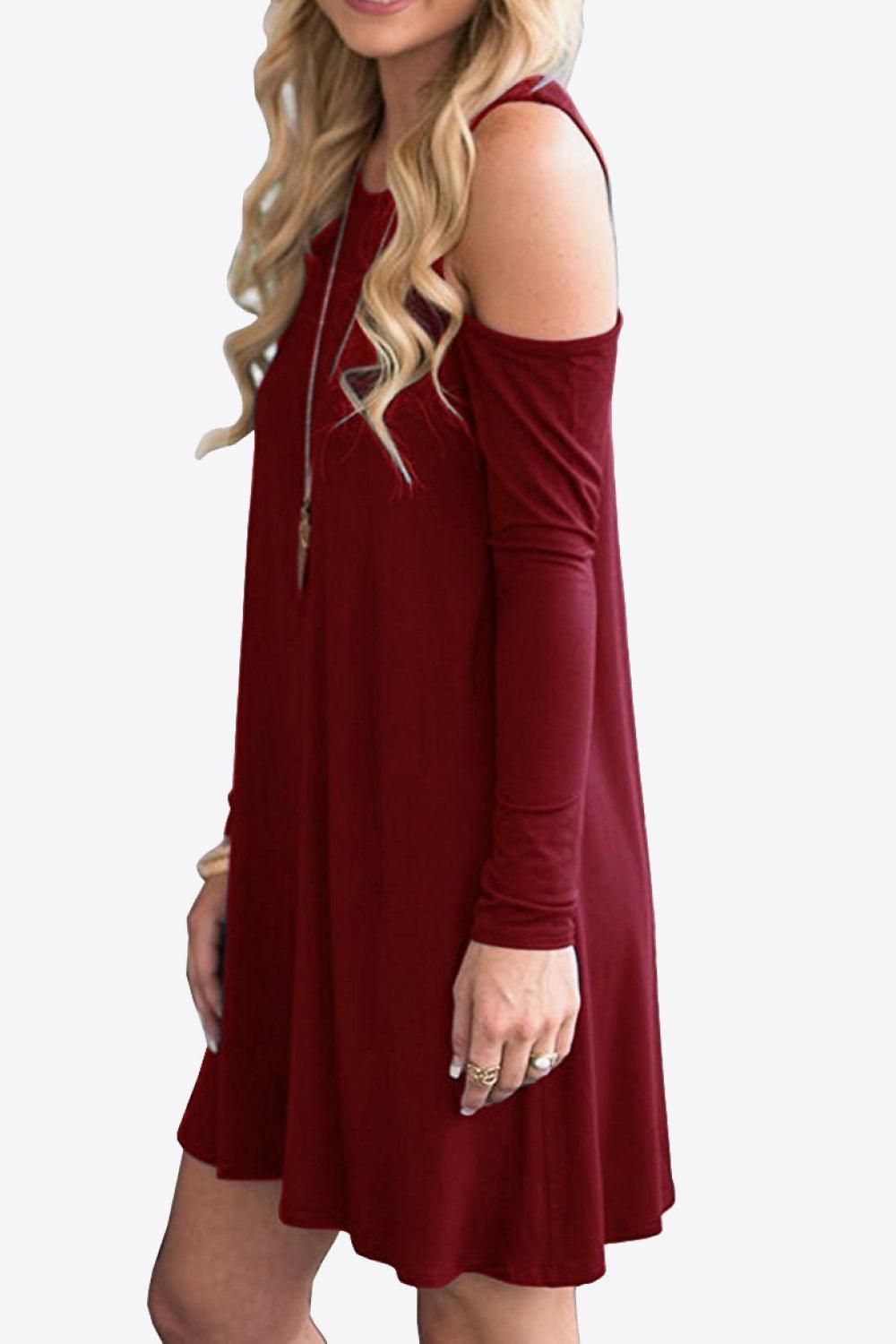 Cold-Shoulder Long Sleeve Round Neck Dress - MXSTUDIO.COM