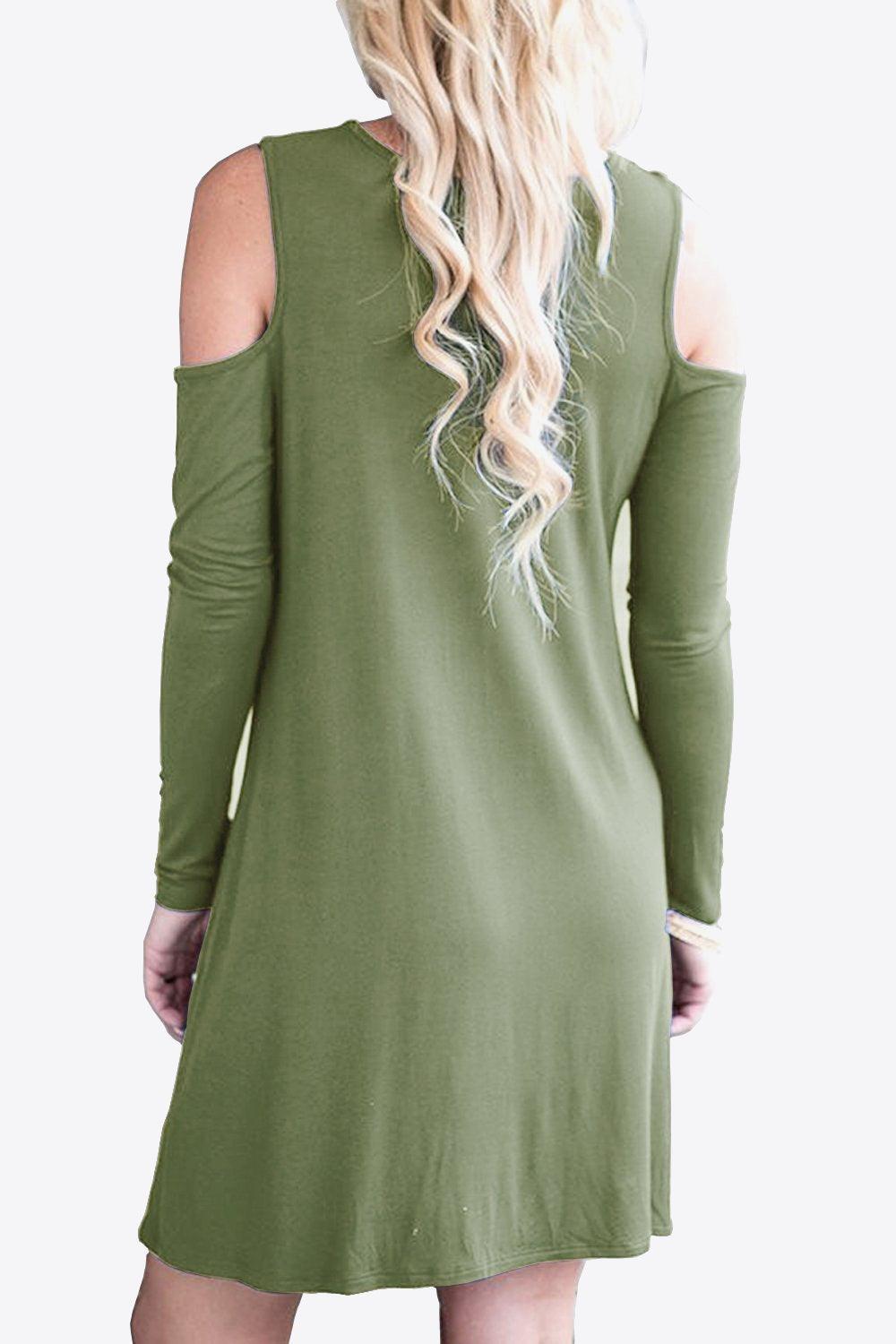 Cold-Shoulder Long Sleeve Round Neck Dress - MXSTUDIO.COM