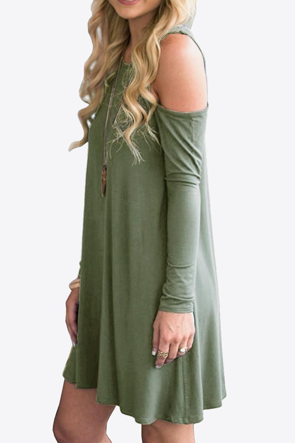 Cold-Shoulder Long Sleeve Round Neck Dress - MXSTUDIO.COM