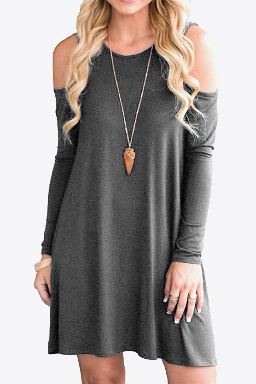 Cold-Shoulder Long Sleeve Round Neck Dress - MXSTUDIO.COM