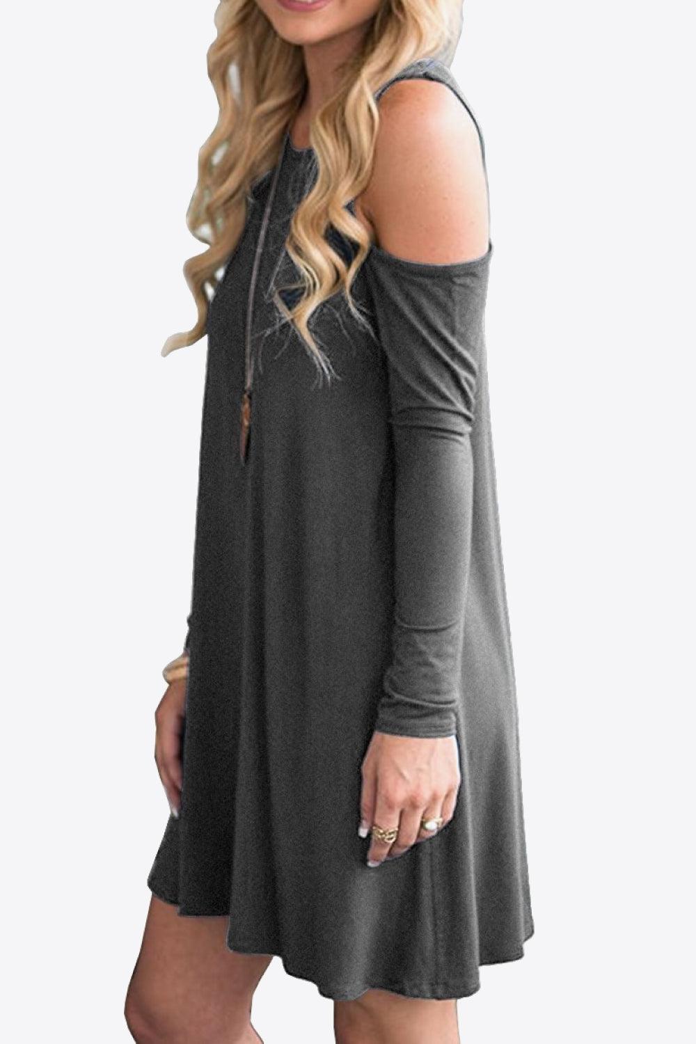 Cold-Shoulder Long Sleeve Round Neck Dress - MXSTUDIO.COM