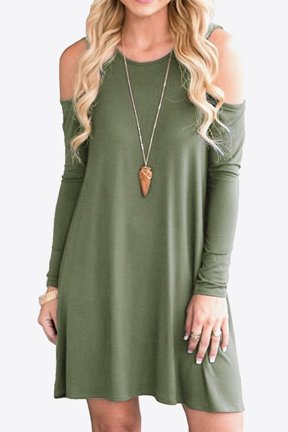 Cold-Shoulder Long Sleeve Round Neck Dress - MXSTUDIO.COM