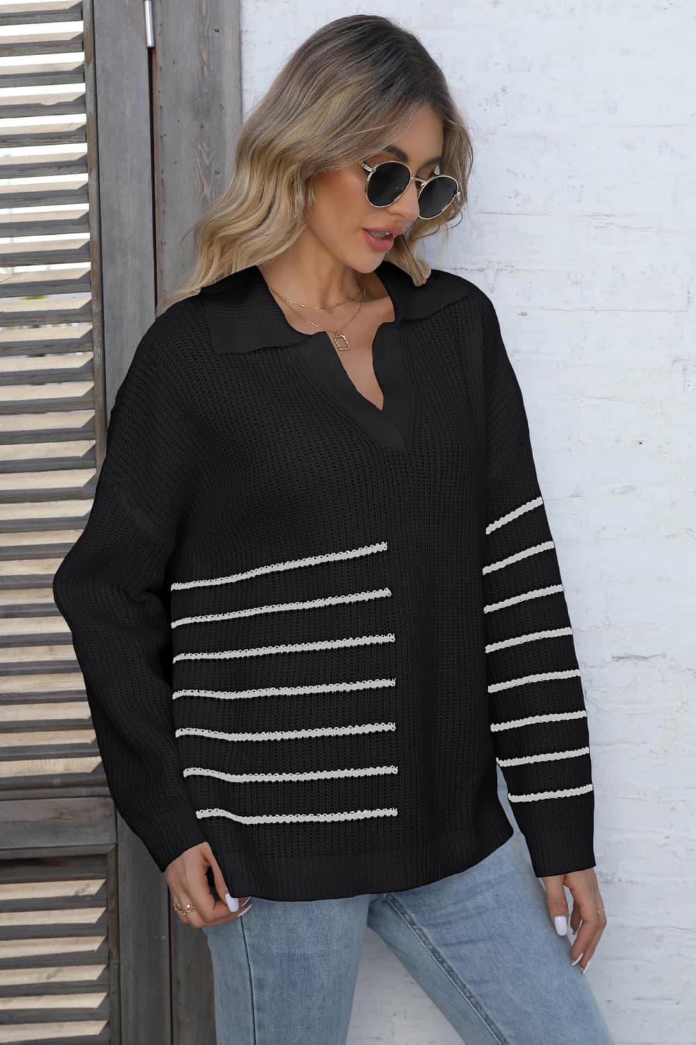 Cold Weather Prepared Striped Long Sleeve Sweater - MXSTUDIO.COM