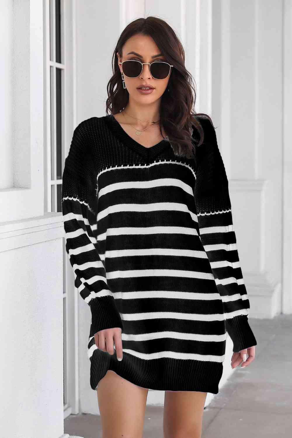 Cold Weather Style Striped Sweater Dress - MXSTUDIO.COM
