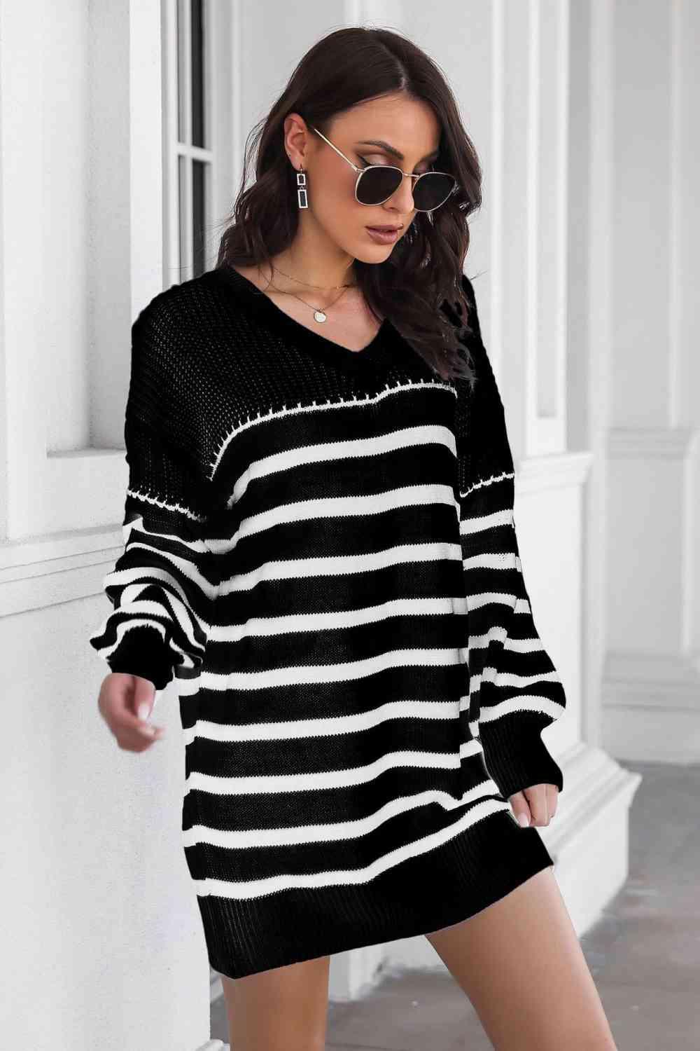 Cold Weather Style Striped Sweater Dress - MXSTUDIO.COM