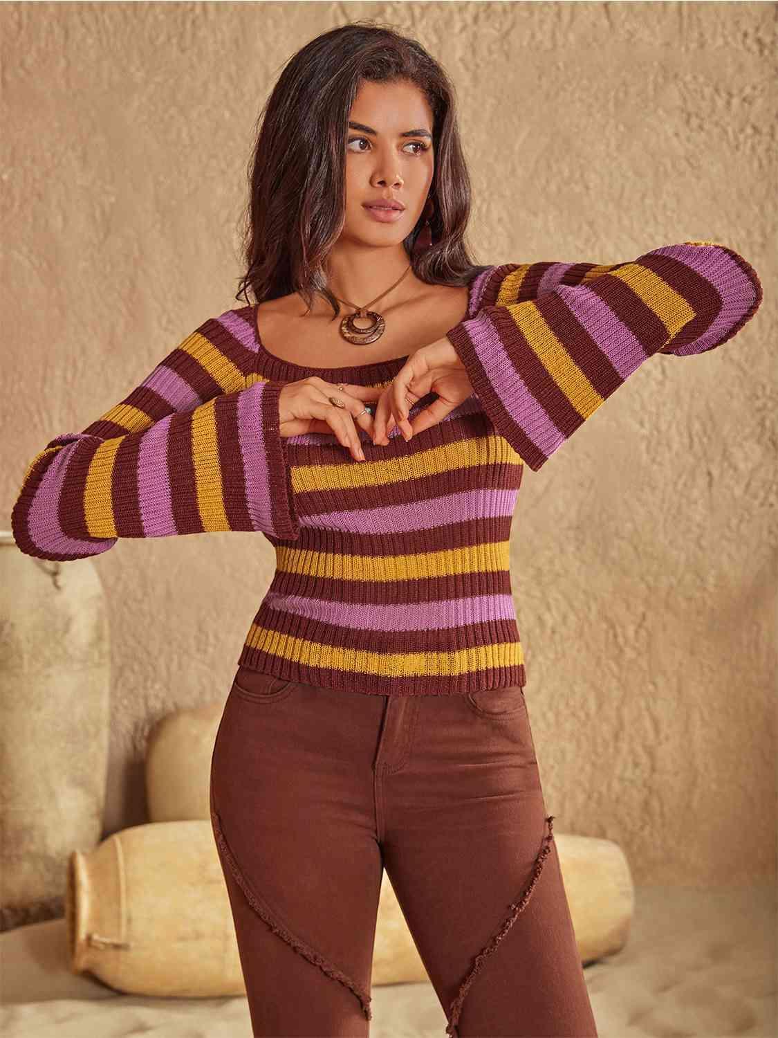 Cold Weekend Long Sleeve Striped Knit Sweater - MXSTUDIO.COM