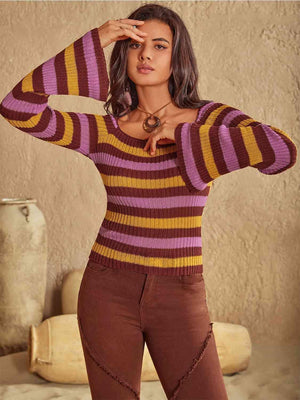 Cold Weekend Long Sleeve Striped Knit Sweater - MXSTUDIO.COM