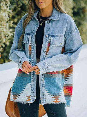 Collared Neck Dropped Shoulder Denim Jacket - MXSTUDIO.COM