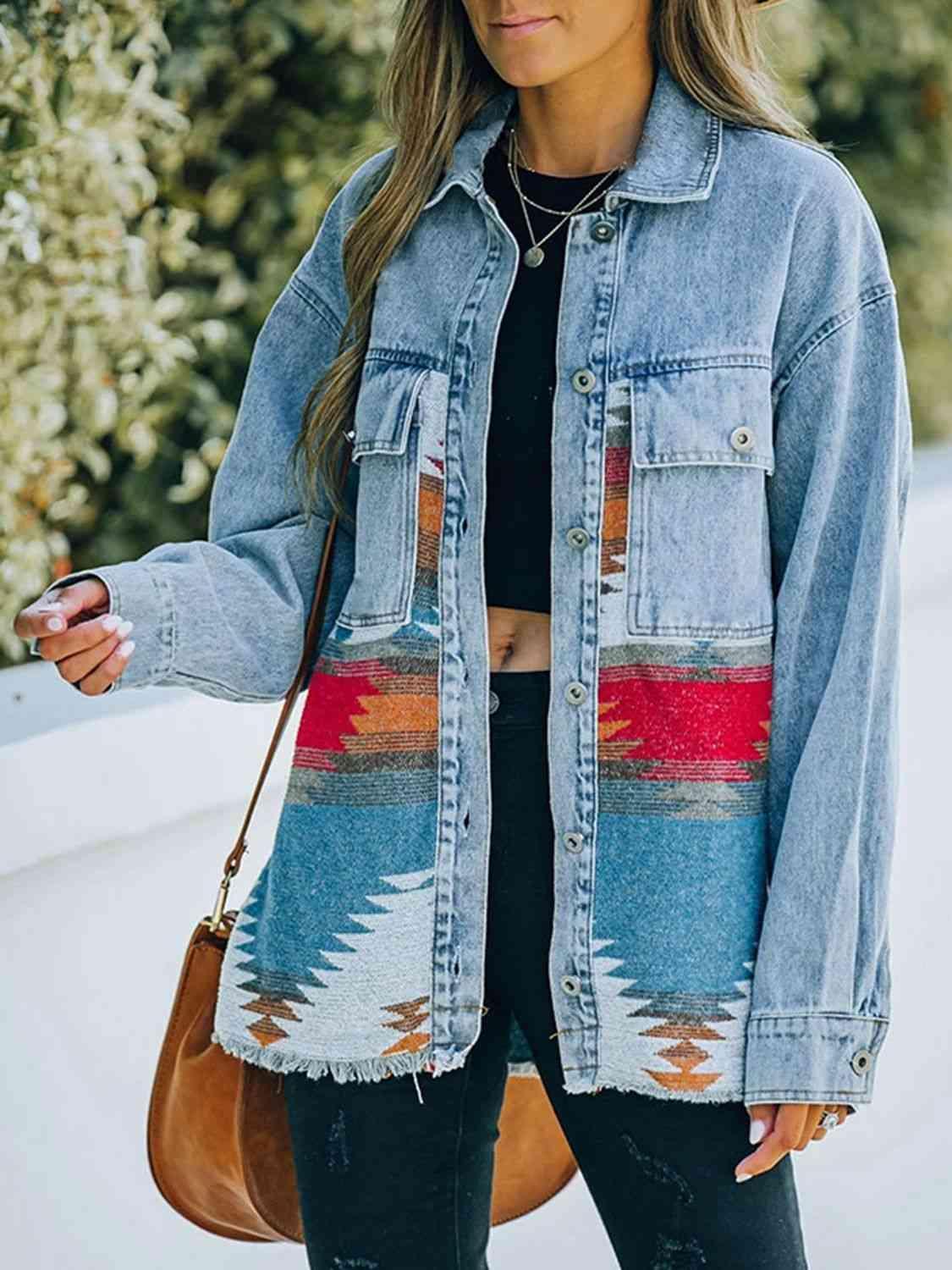 Collared Neck Dropped Shoulder Denim Jacket - MXSTUDIO.COM