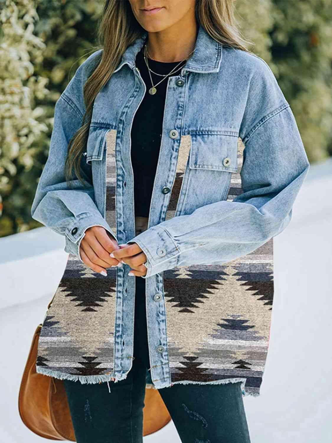 Collared Neck Dropped Shoulder Denim Jacket - MXSTUDIO.COM