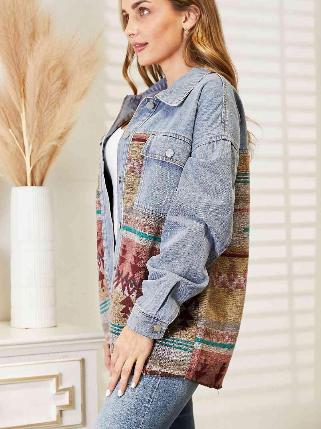 Collared Neck Dropped Shoulder Denim Jacket - MXSTUDIO.COM