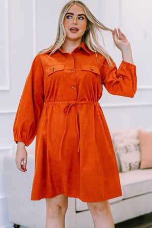 Collared Neck Orange Plus Size Dress - MXSTUDIO.COM