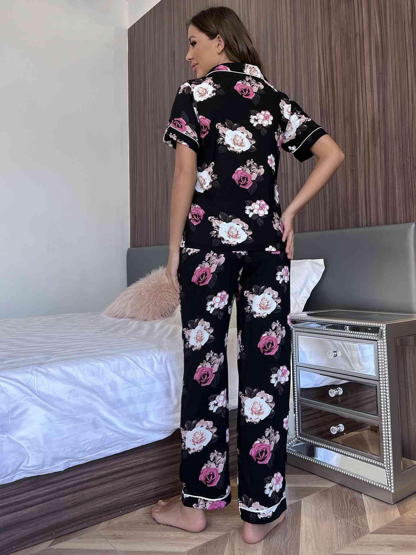 Collared Shirt And Pants Floral Lounge Set - MXSTUDIO.COM