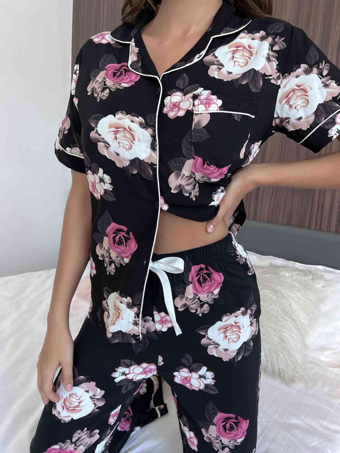 Collared Shirt And Pants Floral Lounge Set - MXSTUDIO.COM