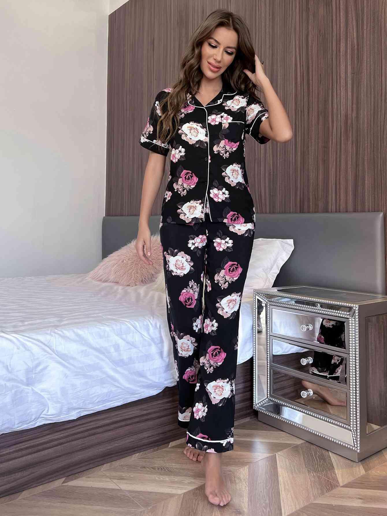 Collared Shirt And Pants Floral Lounge Set - MXSTUDIO.COM