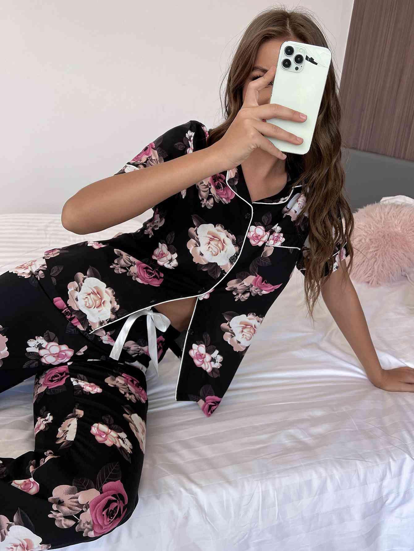 Collared Shirt And Pants Floral Lounge Set - MXSTUDIO.COM