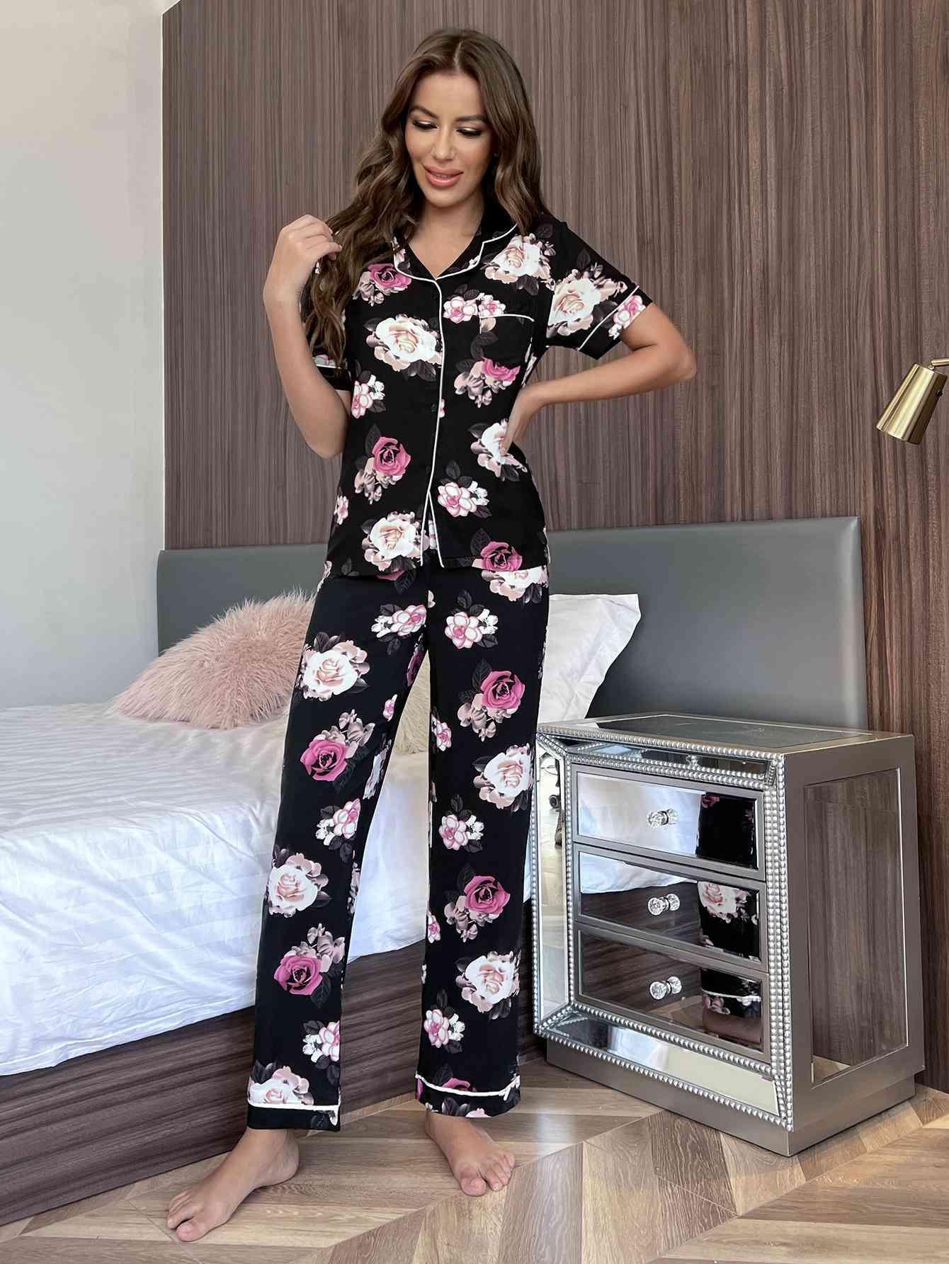 Collared Shirt And Pants Floral Lounge Set - MXSTUDIO.COM