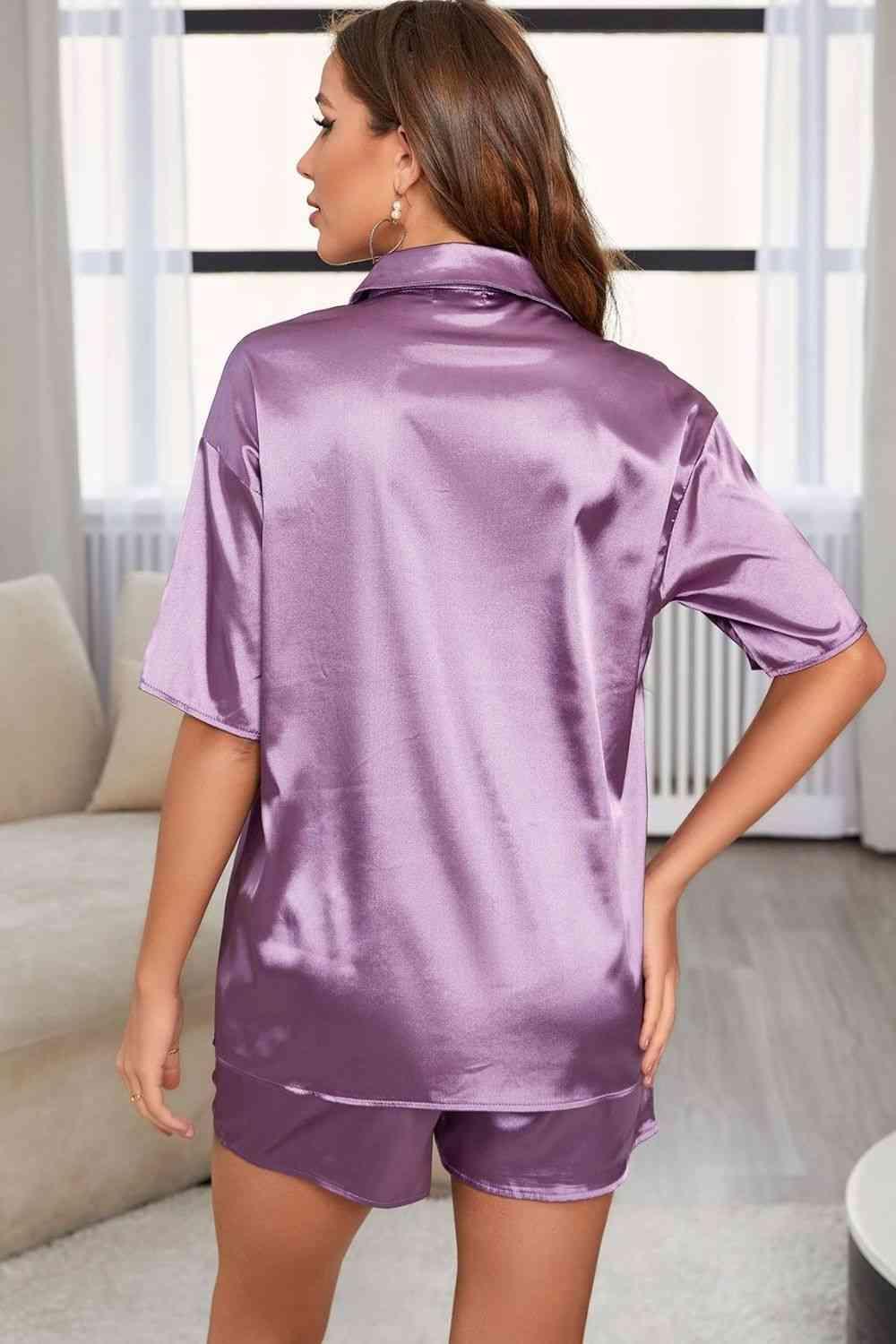 Collared Shirt And Smocked Shorts Purple Pajama Set - MXSTUDIO.COM
