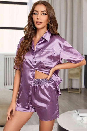 Collared Shirt And Smocked Shorts Purple Pajama Set - MXSTUDIO.COM