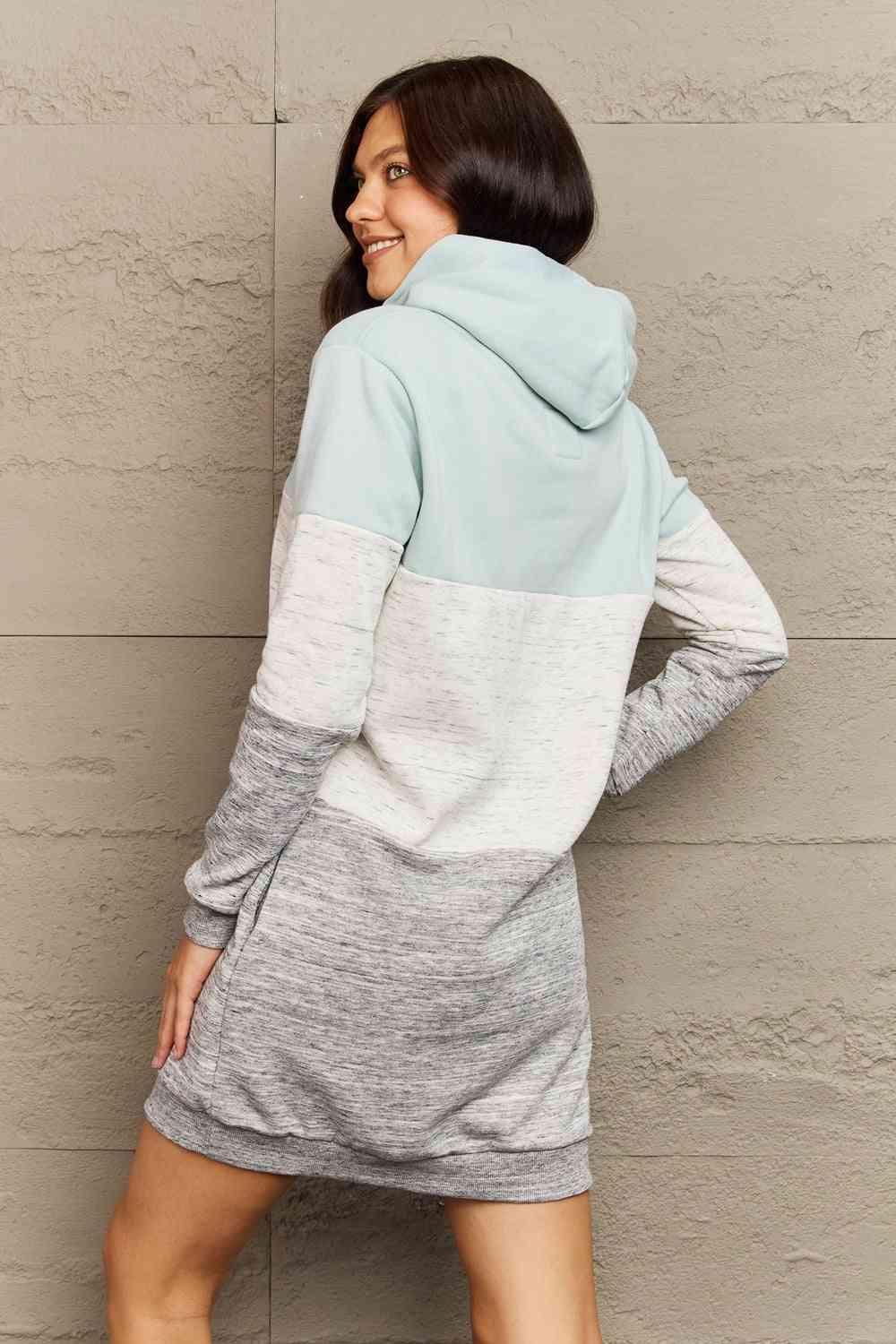 Color Block Dropped Shoulder Hooded Mini Dress - MXSTUDIO.COM